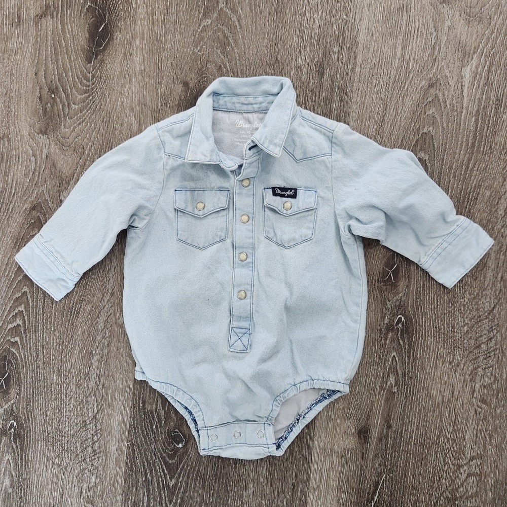 Wrangler Baby Boys Light Wash Denim Western Snap Bodysuit 12 Months Long Sleeve